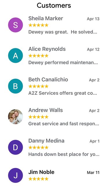 Five-star customer reviews for A2Z Services on Nextdoor